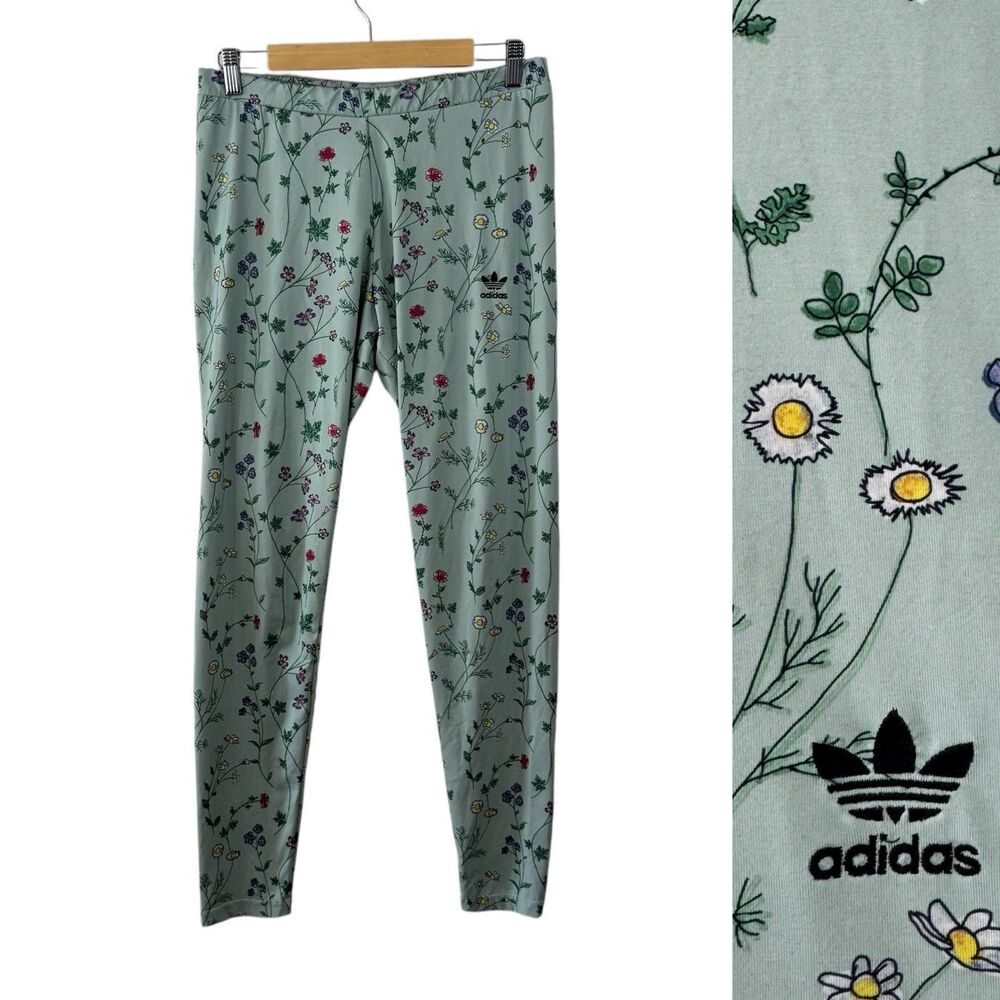 Adidas Large Leggings Floral Flowers Skinny Stretch Pants Elastic Waist Womens